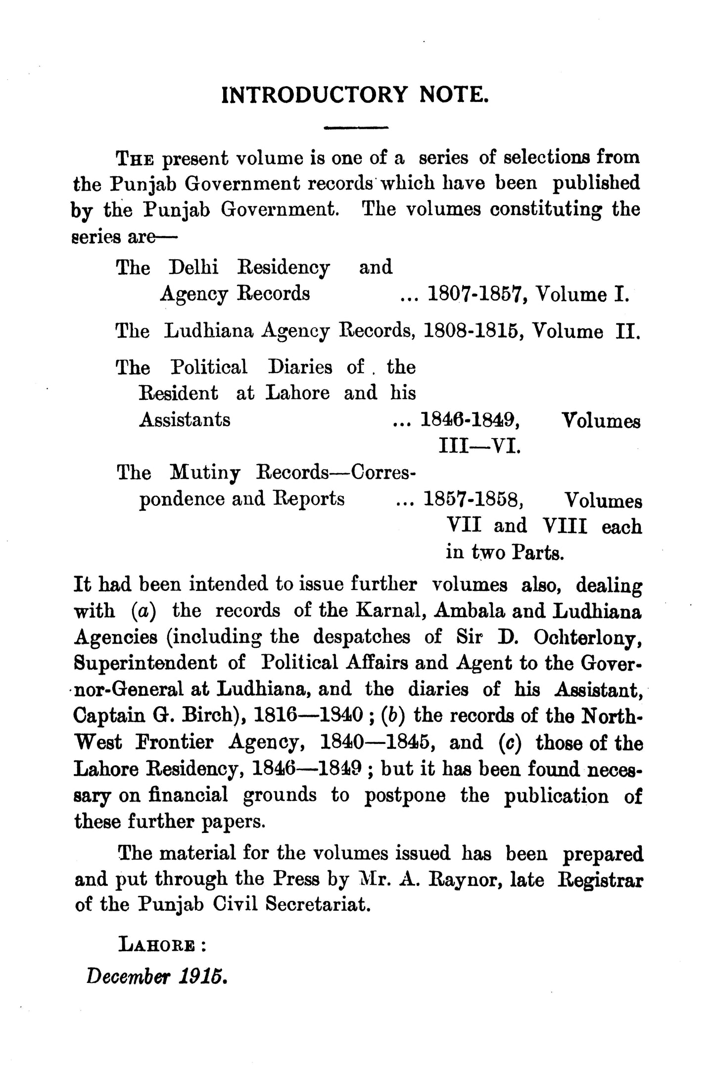 Journals And Diaries :Assis.To Agent, Gov.Nwfp  [English]